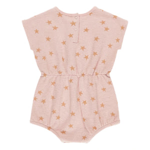The Baby Girls' Kai Romper by Rylee & Cru features pink spongy knit fabric, short sleeves, a cinched waist, an all-over small brown star pattern, and buttons at the back neckline.