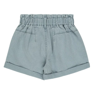 The Girls' Alba Shorts by Rylee & Cru are light blue, high-waisted denim shorts with an elastic waistband, side pockets, and rolled-up hems, shown against a plain white background.