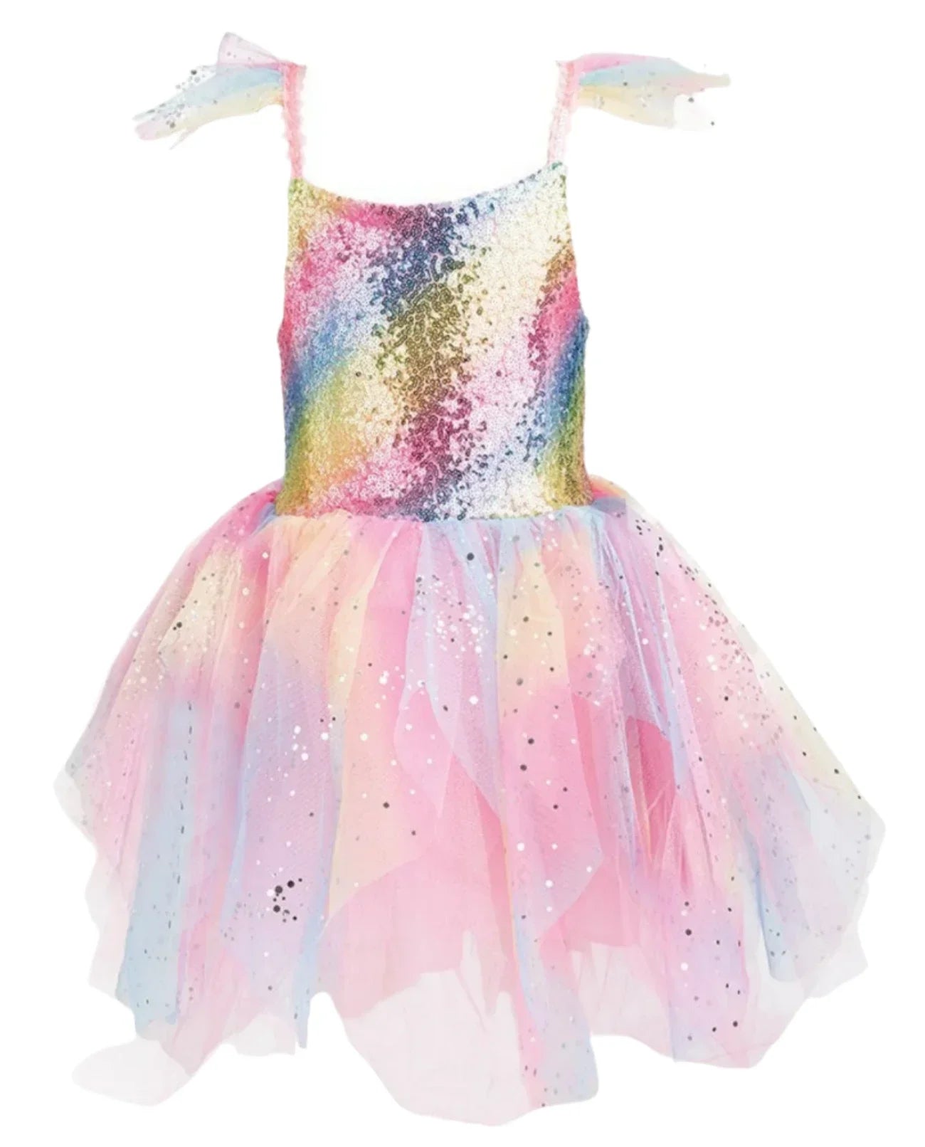 The Rainbow Fairy Dress & Wings by Great Pretenders features a glittery, rainbow-striped bodice and a pastel tulle skirt with sequinned details for added sparkle.