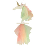 The Rainbow Unicorn Costume by Meri Meri includes a magical unicorn outfit with a gold-horned, pastel headband and a matching multicolored tulle skirt.