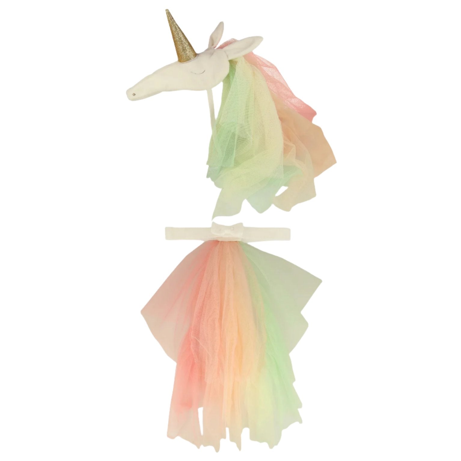 The Rainbow Unicorn Costume by Meri Meri includes a magical unicorn outfit with a gold-horned, pastel headband and a matching multicolored tulle skirt.