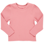 The Pink Chicken Girls' Organic Camella Rib Top is crafted from GOTS-certified organic cotton with eco-friendly inks and dyes. It features a pink, long-sleeve ribbed design with a round neckline, set against a white background for stylish sustainable elegance.