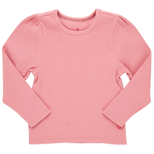 The Pink Chicken Girls' Organic Camella Rib Top is crafted from GOTS-certified organic cotton with eco-friendly inks and dyes. It features a pink, long-sleeve ribbed design with a round neckline, set against a white background for stylish sustainable elegance.