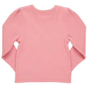 The Girls' Organic Camella Rib Top by Pink Chicken is a pink, long-sleeved shirt made from GOTS-certified organic cotton. It has eco-friendly inks and dyes, a round neckline, subtly puffed shoulders from the back view, making it both stylish and sustainable.