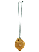 The Bonpoint Eleni Raffia Bag with Lemon Detail is a cute yellow crocheted pouch with a green drawstring and triangle design, styled as a lemon-shaped bag, shown on a white background.