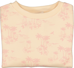 Snuggle into the Girls' Peace Sweat Shirt by Louis Louise, made from soft sponge cotton in cream. It features a pink tropical palm tree and flower pattern with drop sleeves for a relaxed yet elegant look, ideal for casual outings.