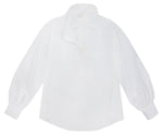 The Anaya Popover Shirt by Ann Mashburn offers a blousy fit with a white long-sleeve design, featuring a ruffled collar and partial front button placket.
