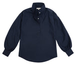 Introducing the Anaya Popover Shirt by Ann Mashburn: a dark blue long-sleeve blouse with a stand collar and buttoned placket. Its blousy fit and cuffed sleeves provide both style and comfort.