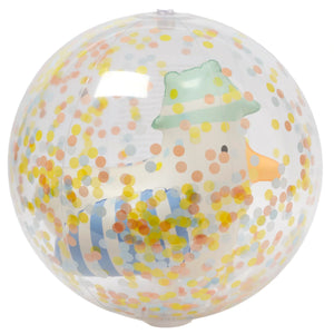 The Sunnylife 3D Inflatable Beach Ball is filled with multicolored confetti and features a cartoon yellow duck in a green hat and blue-striped shirt—perfect for fun summer pool or beach activities for all ages.