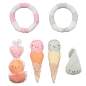 The Dive Buddies Set of 6 by Sunnylife includes soft plush toys with two inflatable rings, a fruit stack, pear, and dual ice creams in pastel hues for fun water play that improves water confidence and skills.
