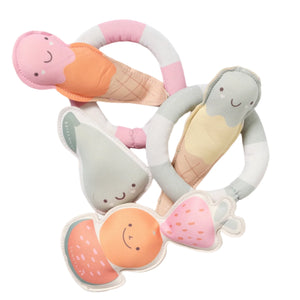The Sunnylife Dive Buddies Set of 6 features infant bath toys shaped like pastel ice cream cones with smiling faces, including two with ring handles and one popsicle design, perfect for boosting water confidence during bath time.