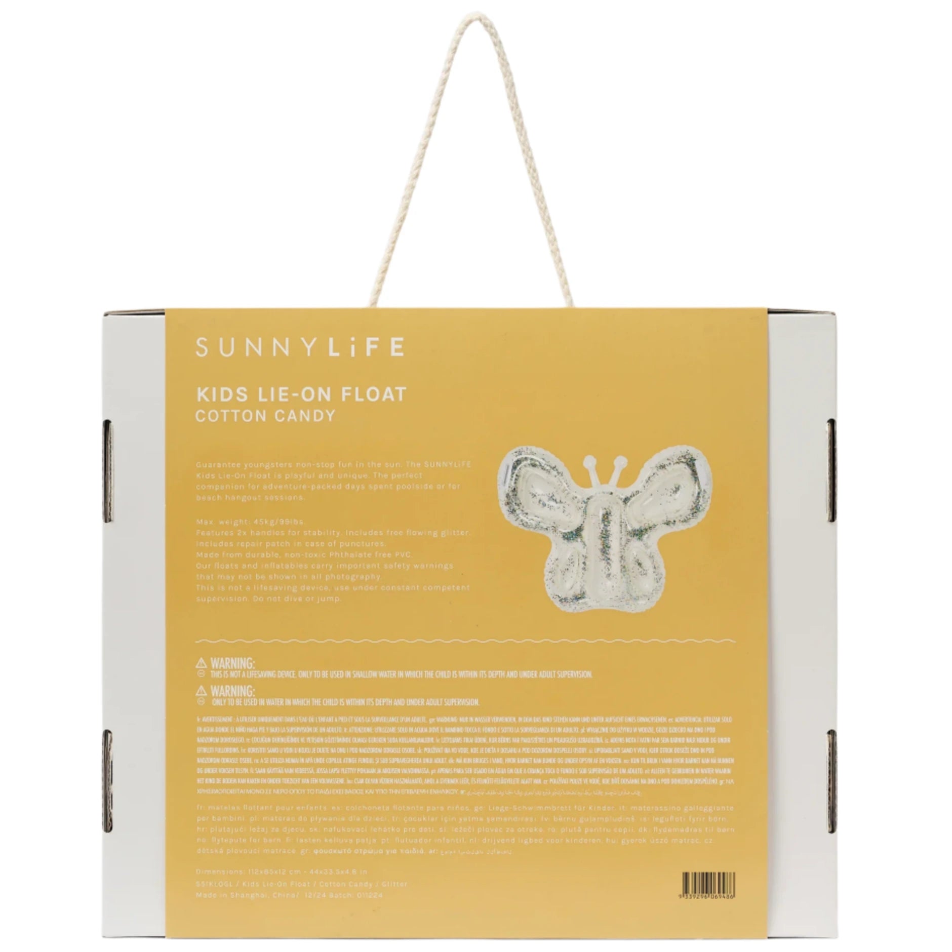 A rectangular box with a yellow front label features the Sunnylife Kids' Lie-On Float Cotton Candy Glitter. The label shows a butterfly-shaped float and the box includes a rope handle.