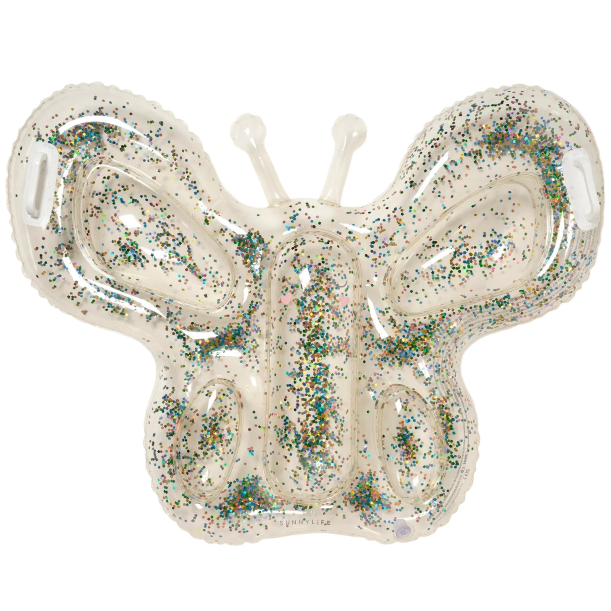 The Sunnylife Kids' Lie-On Float Cotton Candy Glitter is a cotton candy-inspired inflatable pool float filled with colorful glitter, shown against a white background.