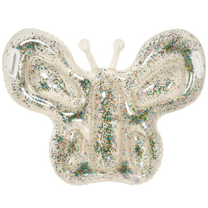 The Sunnylife Kids' Lie-On Float Cotton Candy Glitter is a cotton candy-inspired inflatable pool float filled with colorful glitter, shown against a white background.