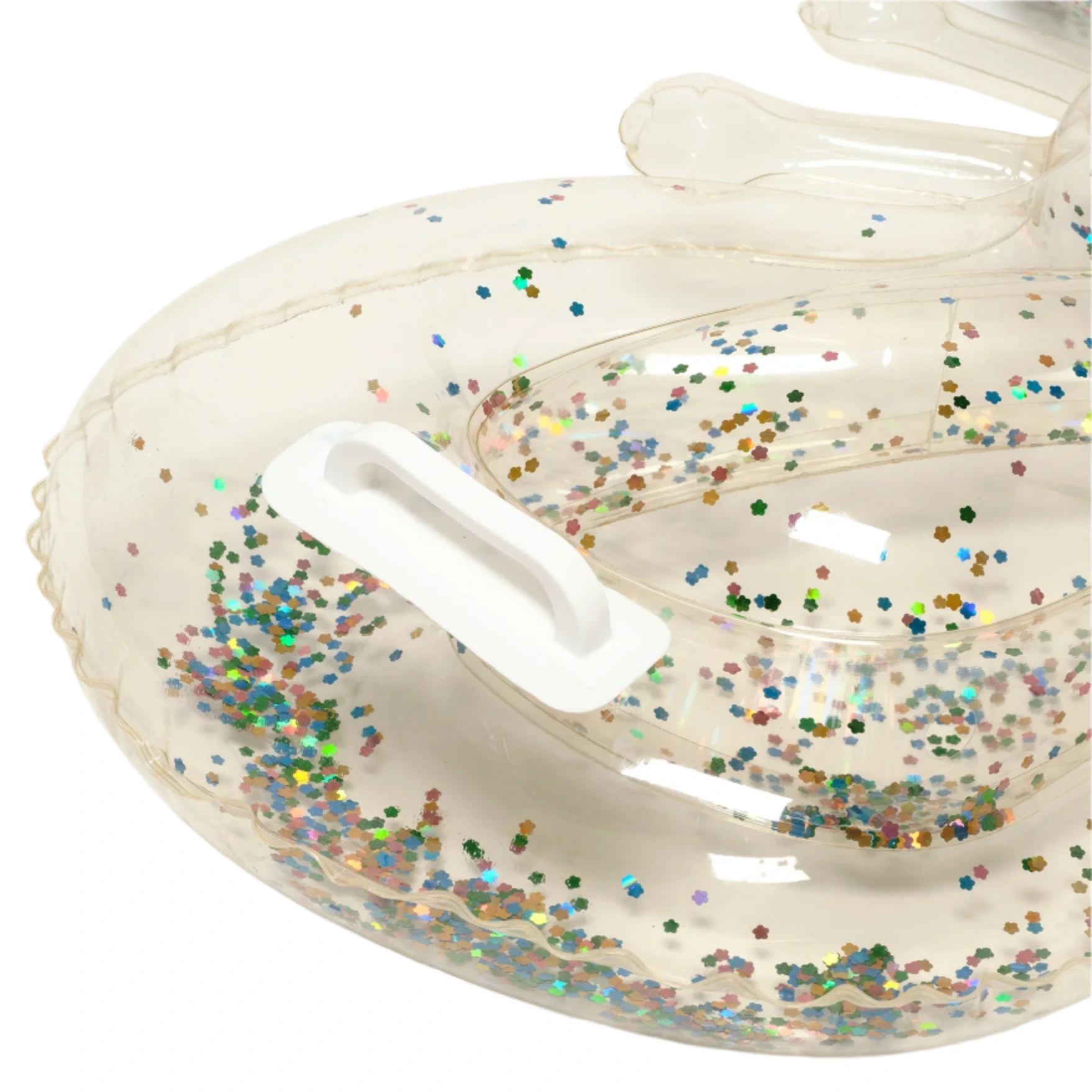 Close-up of the Sunnylife Kids' Lie-On Float Cotton Candy Glitter, a clear inflatable pool float with a white handle and colorful glitter confetti inside the plastic.