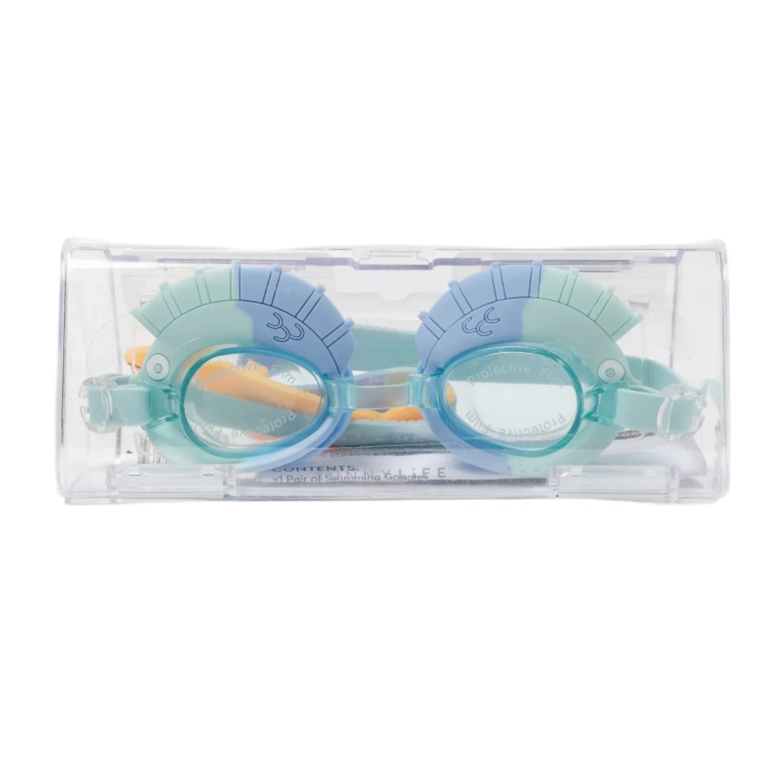 Enhance underwater play with Sunnylife's Finn the Fish Aqua Blue Swimming Goggles. Featuring a playful fin design, these goggles come in blue and green within a transparent plastic case, making them an exciting addition to any swim accessory collection.