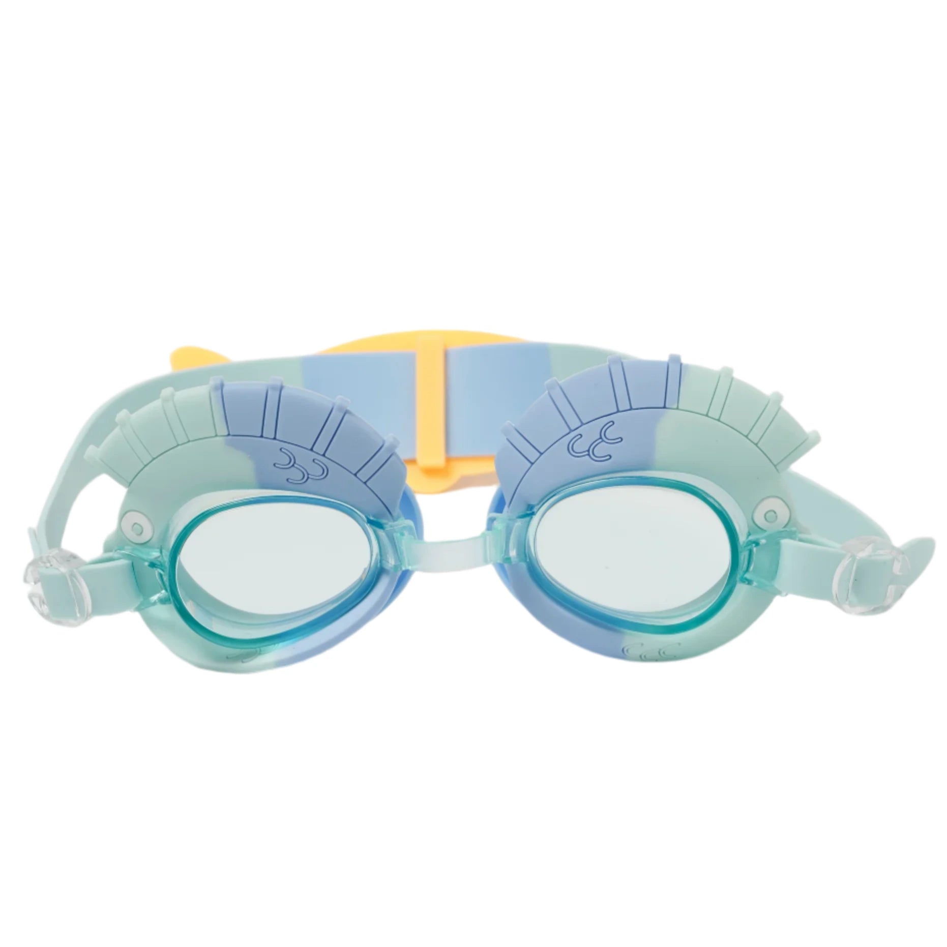 Sunnylife's Finn the Fish Aqua Blue Swimming Goggles feature fin-like yellow decorations, making them perfect for kids who love underwater play.