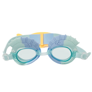 Sunnylife's Finn the Fish Aqua Blue Swimming Goggles feature fin-like yellow decorations, making them perfect for kids who love underwater play.