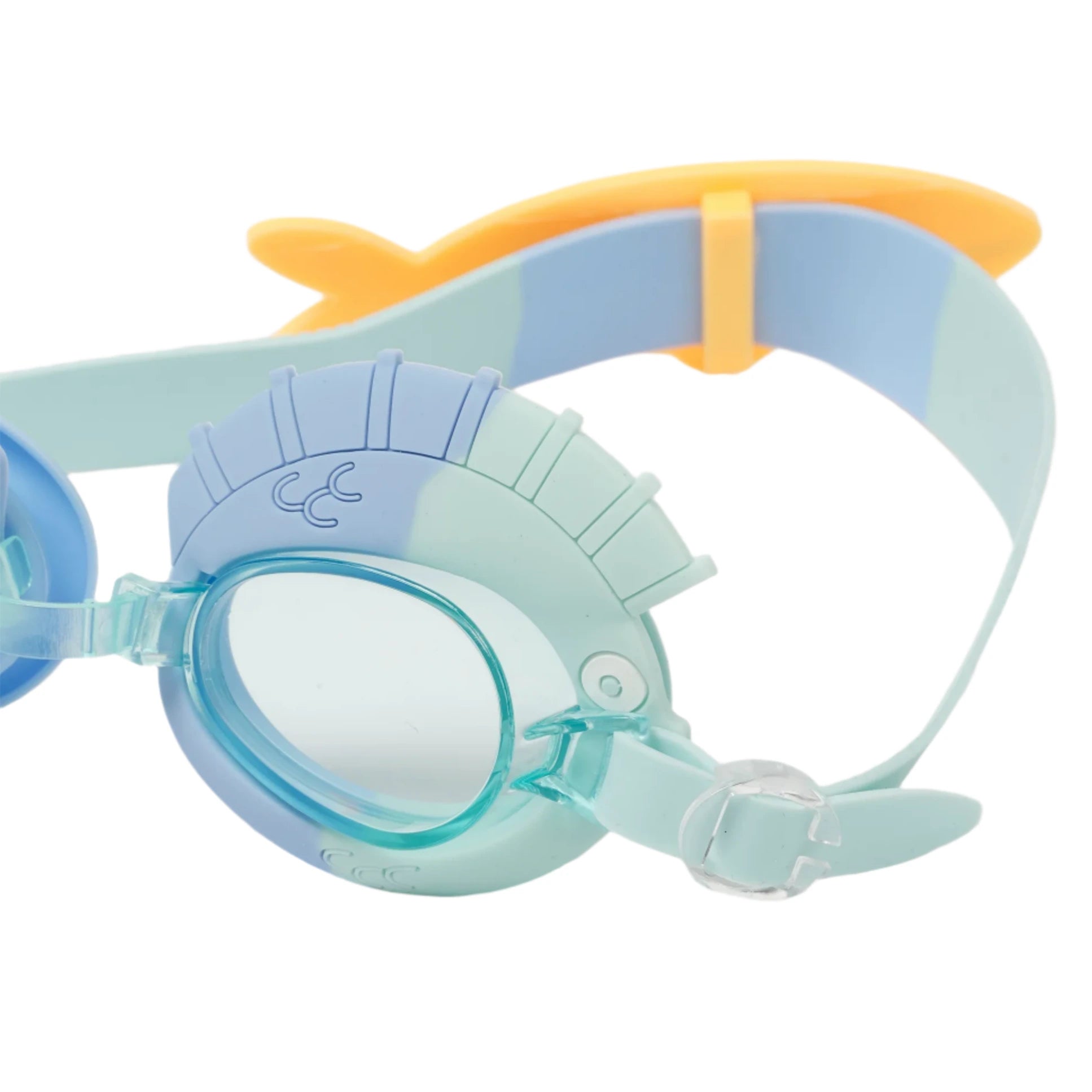 Sunnylife's Finn the Fish Aqua Blue Swimming Goggles feature a fun fin design on top, with a vibrant blue and yellow strap resembling a playful fish tail, making them ideal for underwater adventures.