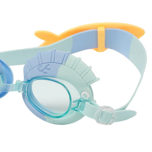 Sunnylife's Finn the Fish Aqua Blue Swimming Goggles feature a fun fin design on top, with a vibrant blue and yellow strap resembling a playful fish tail, making them ideal for underwater adventures.