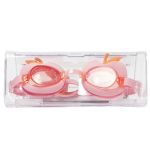Sunnylife's Cotton Candy Cherry Swimming Goggles feature vibrant orange accents and come in a clear plastic case, making them perfect for swimming adventures and essential underwater play accessories.