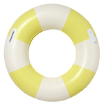 The Slim Tube Pool Ring Tides Out Citrus Stripe by Sunnylife, featuring yellow and white stripes and two convenient white handles, is the essential summer pool accessory for fun.