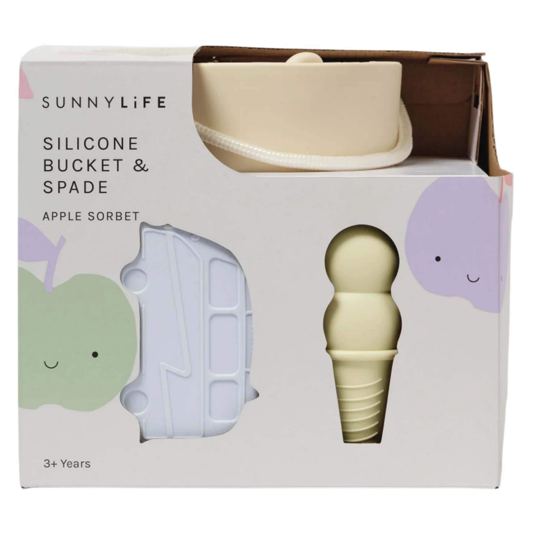 The Sunnylife Silicone Bucket & Spade Set Apple Sorbet Multi, for ages 3+, includes a bucket, spade, bus and ice cream cone molds—boxed and ideal for sand or water play.