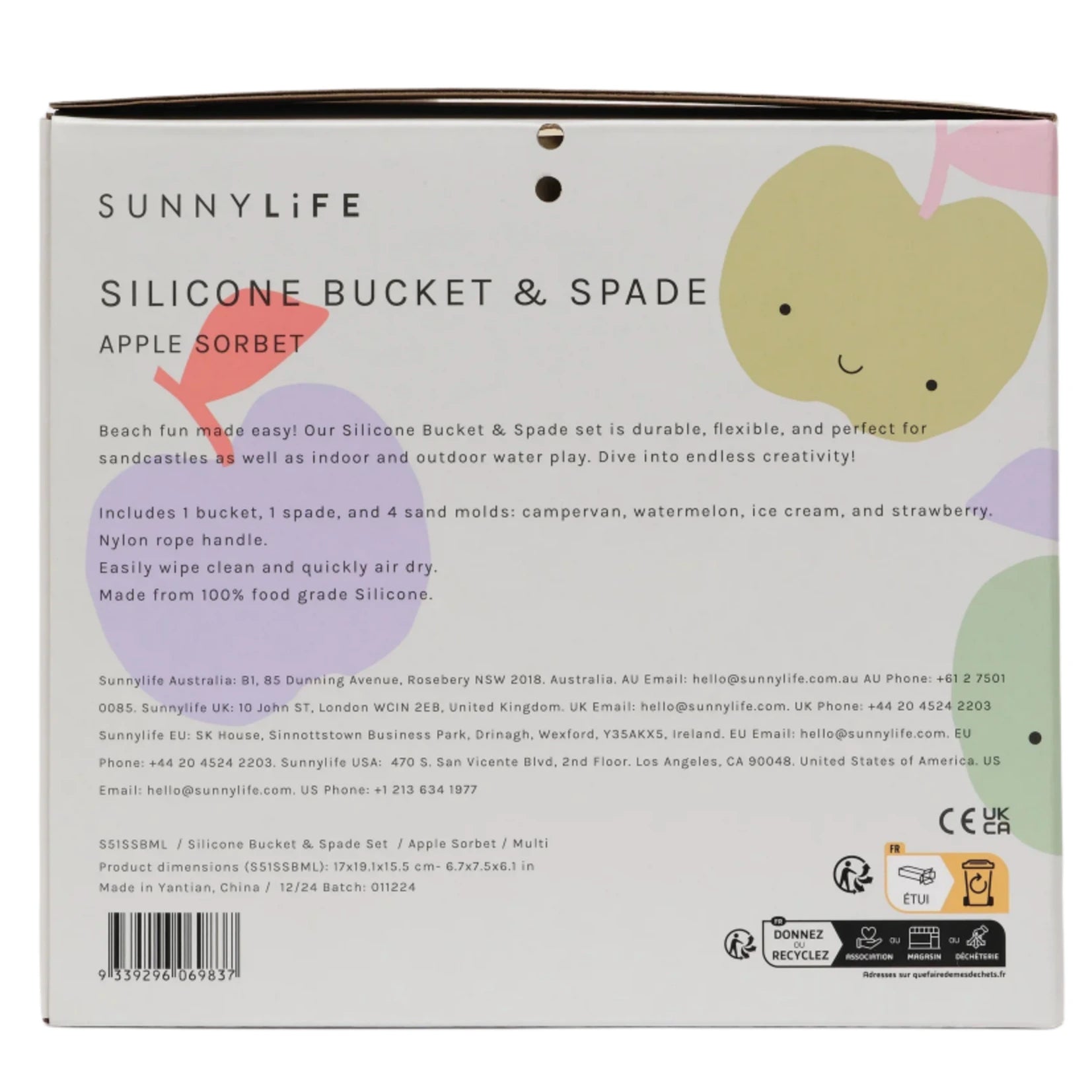 The back of a Sunnylife Silicone Bucket & Spade Set Apple Sorbet Multi box displays product details, features, and contact info with colorful fruit art on white—ideal for building sandcastles or enjoying water play.