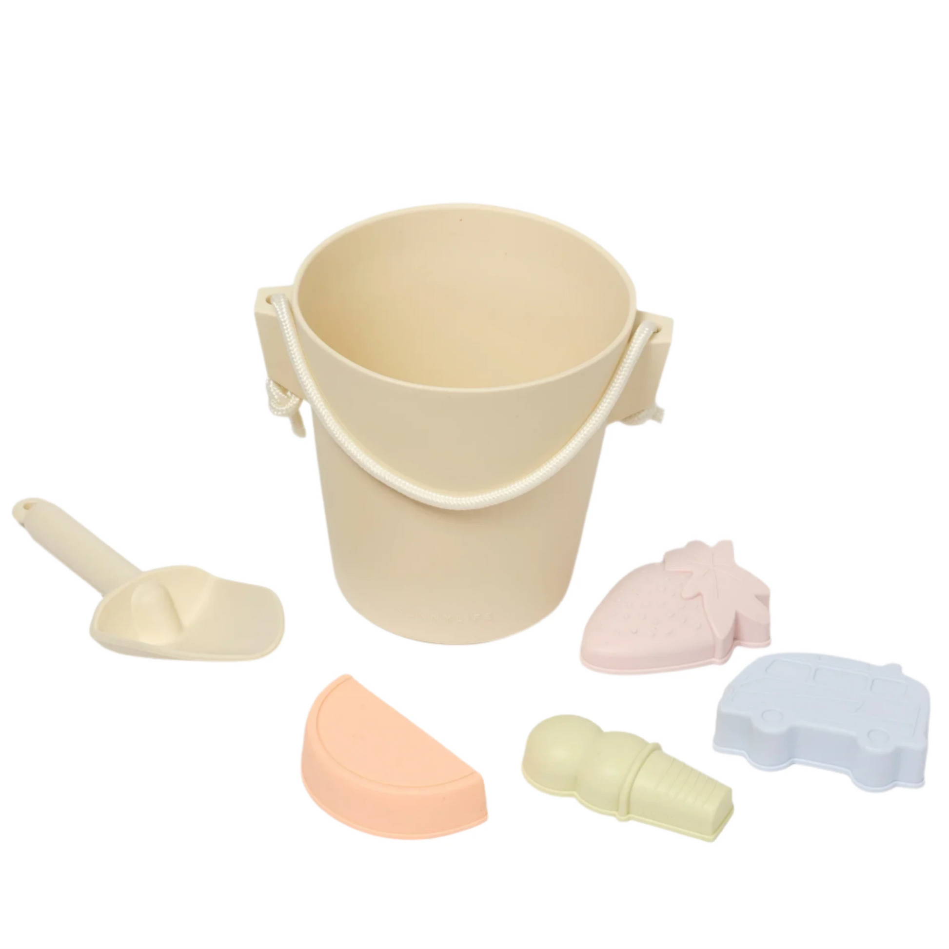 The Sunnylife Silicone Bucket & Spade Set Apple Sorbet Multi includes a beige bucket with handle, matching spade, and four pastel beach molds—strawberry, van, ice cream cone, and watermelon slice—perfect for sandcastle fun.