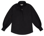 The Anaya Popover Shirt by Ann Mashburn is a black long-sleeve blouse with a blousy fit, high stand collar, and single front button, displayed laid flat.