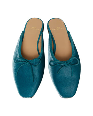 Joy Velvet Mule flats by Ann Mashburn, Italian-crafted in teal with bows, viewed from above.