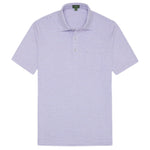 The Sid Mashburn Short-Sleeved Polo features lavender and white stripes, a collar, three buttons, a chest pocket, and is crafted from luxurious Peruvian pima cotton. Displayed on a white background.
