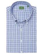 A folded Sid Mashburn Button-Down Sport Shirt with a blue and white checkered pattern, featuring a green label on the inner collar.