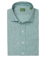 A neatly folded Sid Mashburn Spread Collar Sport Shirt in light green linen, featuring a slim cut, spread collar, visible white buttons, and crafted from premium Italian fabric.