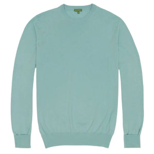 The Sid Mashburn Fine-Gauge Crewneck Sweater in light blue is crafted from Escorial wool and features long sleeves with ribbed cuffs, hem, and collar. Shown laid flat on a white background.