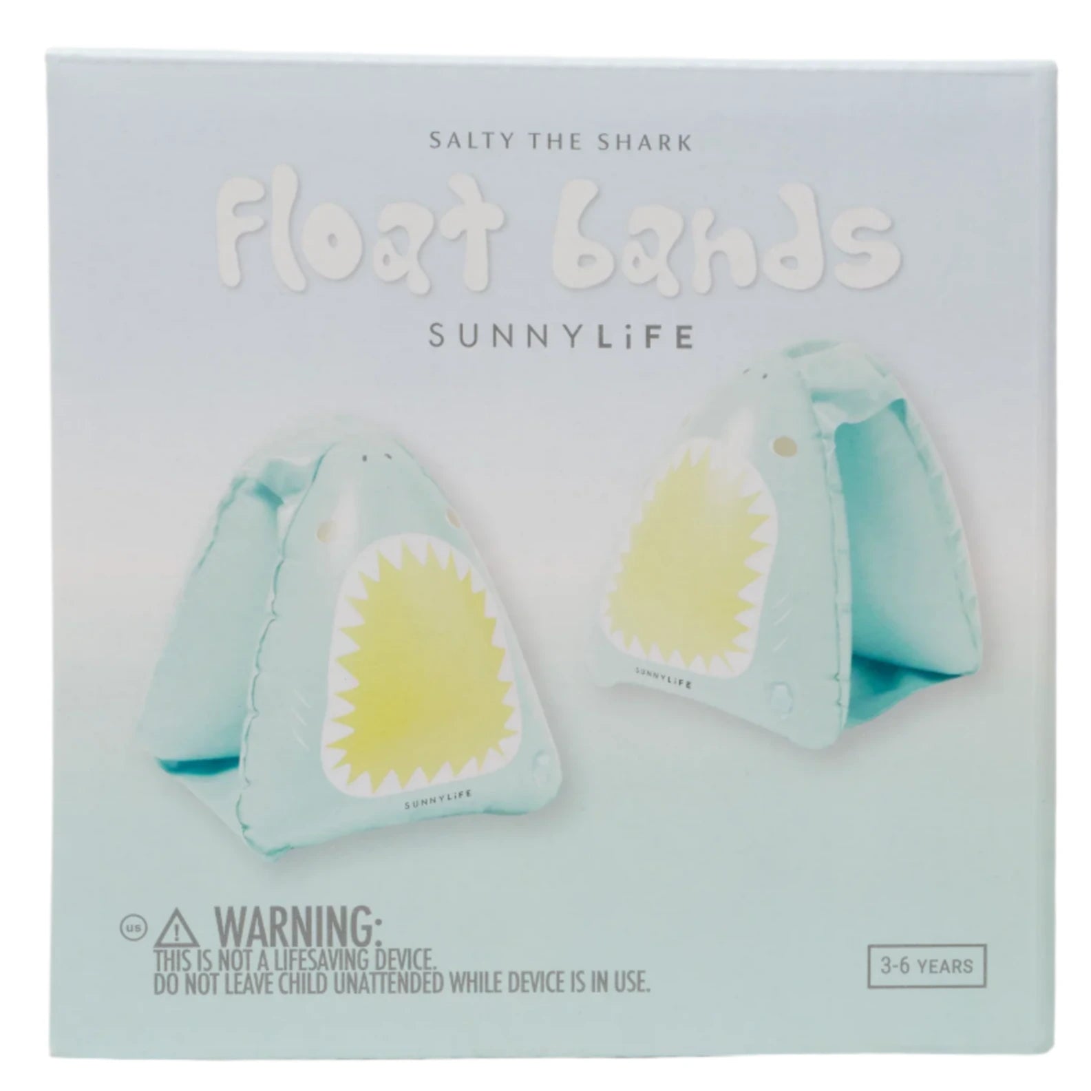 The Float Bands Salty the Shark Aqua by Sunnylife are inflatable armbands featuring a fun shark design to boost swimming confidence in children aged 3-6. A warning label states they are not a life-saving device.