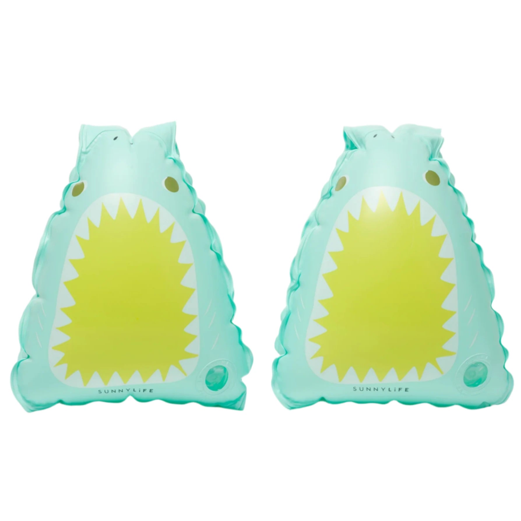 The Float Bands Salty the Shark Aqua by Sunnylife, featuring a vibrant green cartoon shark with a wide yellow mouth and white teeth, are ideal swimming accessories to boost children's confidence in the water.