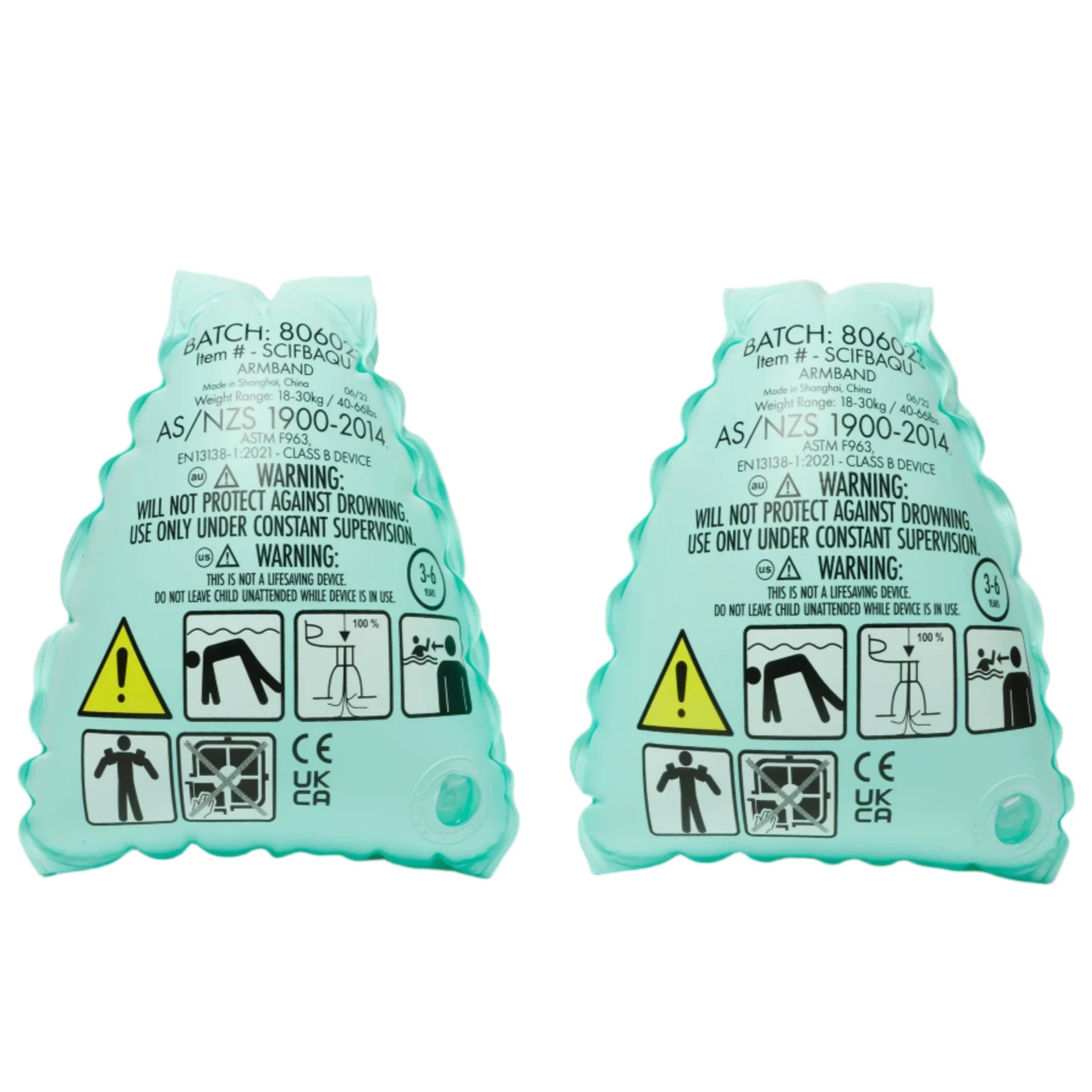 Sunnylife's Float Bands Salty the Shark Aqua are two green inflatable swim arm bands that provide safety instructions and warning symbols, making them perfect for boosting children's confidence in the water.