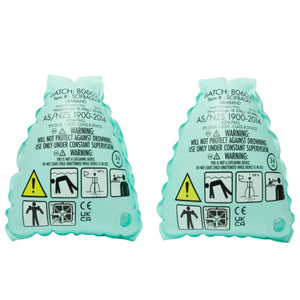 Sunnylife's Float Bands Salty the Shark Aqua are two green inflatable swim arm bands that provide safety instructions and warning symbols, making them perfect for boosting children's confidence in the water.