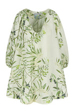 The Georgette Short Dress by Bernadette is a light green dress featuring a V-neckline, loose sleeves, and an elegant olive tree print.
