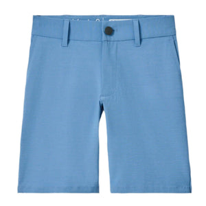 Johnnie-O Boys' Mulligan Jr. Performance Shorts in light blue feature belt loops, a button closure, and side pockets, crafted from stretch fabric for comfort and flexibility, shown laid flat on a white background.
