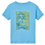 The Johnnie-O Boys Jr. Pocket T-Shirt is a light blue faded short-sleeve tee with a palm trees and birds graphic plus "PARADISE SOUTH AMERICA" text on the back, perfect for all-day comfort.