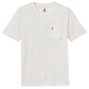 The Johnnie-O Boys Jr. Pocket T-Shirt is a faded white short-sleeve tee with a front pocket and small orange logo, offering all-day comfort.