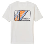 The Boys Jr. Pocket T-Shirt by Johnnie-O features a retro surfer graphic with orange and blue stripes and "johnnie-O SANTA MONICA, CA" text—ideal for fans of vintage surf style who value all-day comfort.