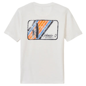 The Boys Jr. Pocket T-Shirt by Johnnie-O features a retro surfer graphic with orange and blue stripes and "johnnie-O SANTA MONICA, CA" text—ideal for fans of vintage surf style who value all-day comfort.