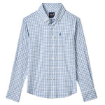 The Johnnie-O Boys' Performance Jr. Button Up Shirt in Westwood Print features a blue and white checkered pattern, long sleeves, wrinkle resistance, a collar, Tweener® button for comfort, and an embroidered logo on the chest.