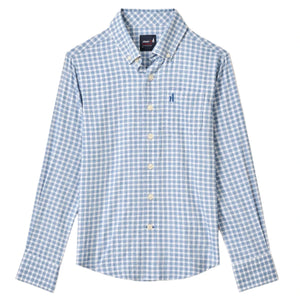 The Johnnie-O Boys' Performance Jr. Button Up Shirt in Westwood Print features a blue and white checkered pattern, long sleeves, wrinkle resistance, a collar, Tweener® button for comfort, and an embroidered logo on the chest.
