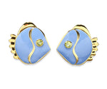 The Mikuni Stud Earrings by Lizzie Fortunato feature gold and blue periwinkle enamel fish shapes with green gemstone eyes, accented by shimmering lemon quartz stones, set against a white background.