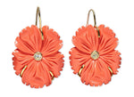 The New Bloom Earrings by Lizzie Fortunato are gold-plated brass, featuring coral-hued floral designs with mother-of-pearl blooms and a central clear gemstone on each earring.
