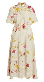 Erdem's Short Sleeve Linen Shirt Dress features a beige floral-pattern with pink and yellow blooms, short sleeves, and a tie-fastening waist belt for an elegant touch.